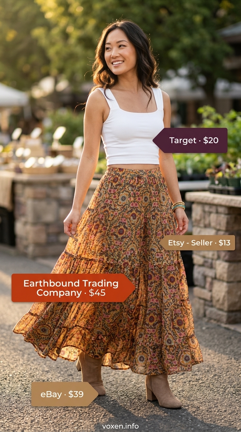 Boho maxi skirt and crop top for summer clothes for women 2026. Great for festivals and beach bonfires.