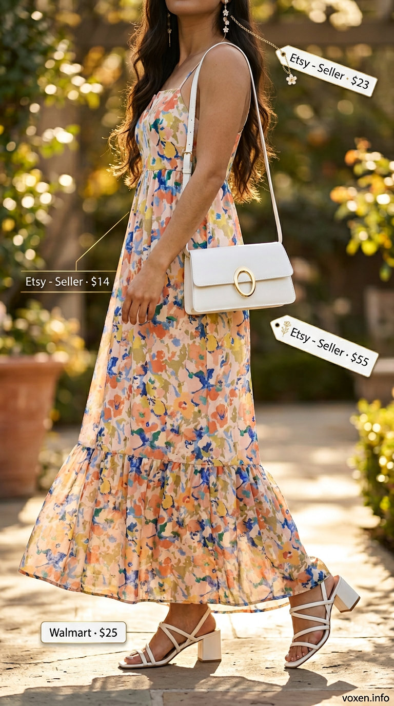 Bold floral maxi dress for summer clothes for women 2026, perfect for garden parties and weddings. Multicolor floral print.