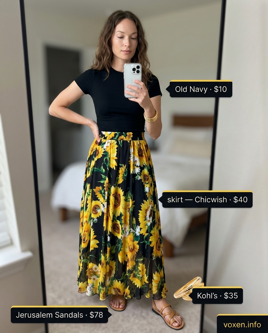 Bold floral maxi skirt and crop top for summer clothes for women 2026. Chic for dinner or a casual date.