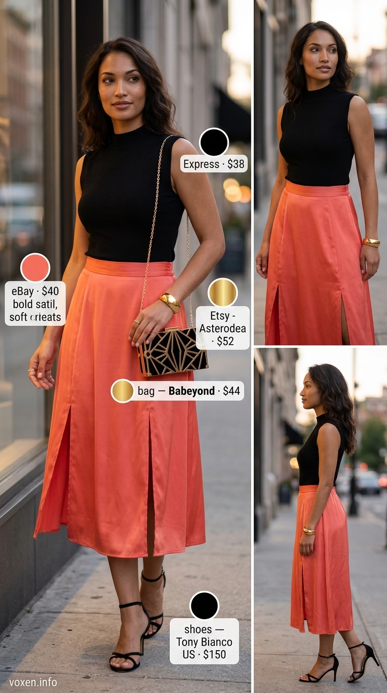 Chic coral satin midi skirt outfit for women 2026, paired with black bodysuit & gold accessories for a summer soirée.