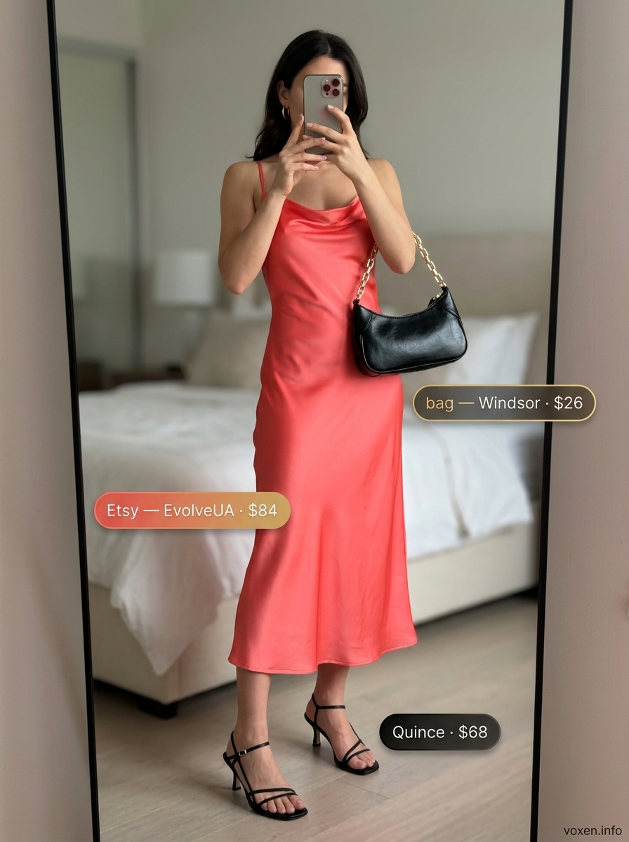 Sophisticated coral satin slip dress outfit for women 2026, ideal for date nights and summer parties.