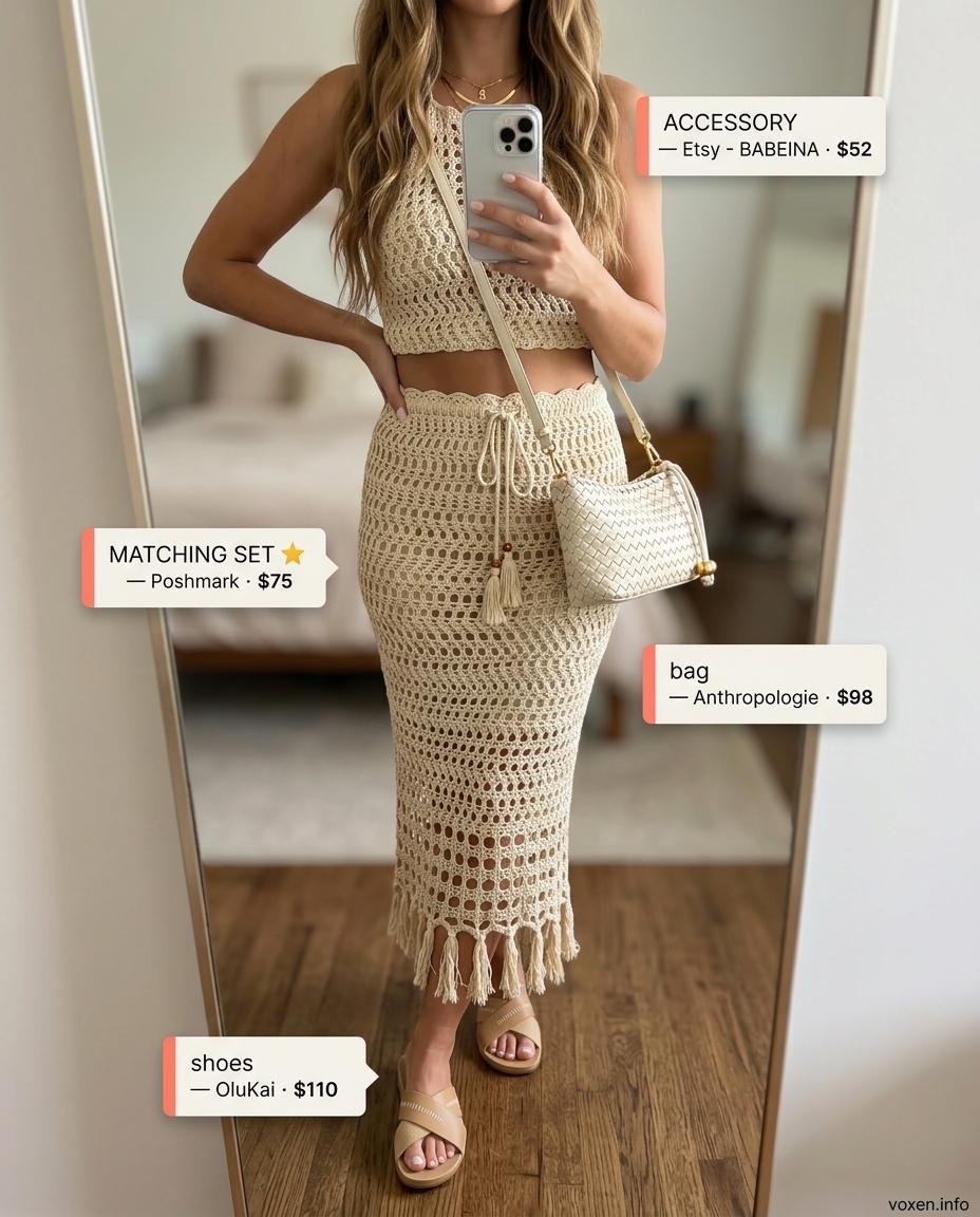 Crochet co-ord set for summer clothes for women 2026. Bohemian and luxe for beachside dining or festivals.