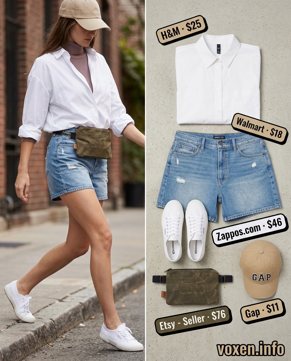 Denim shorts and oversized shirt for summer clothes for women 2026. Great for casual weekends and sightseeing.
