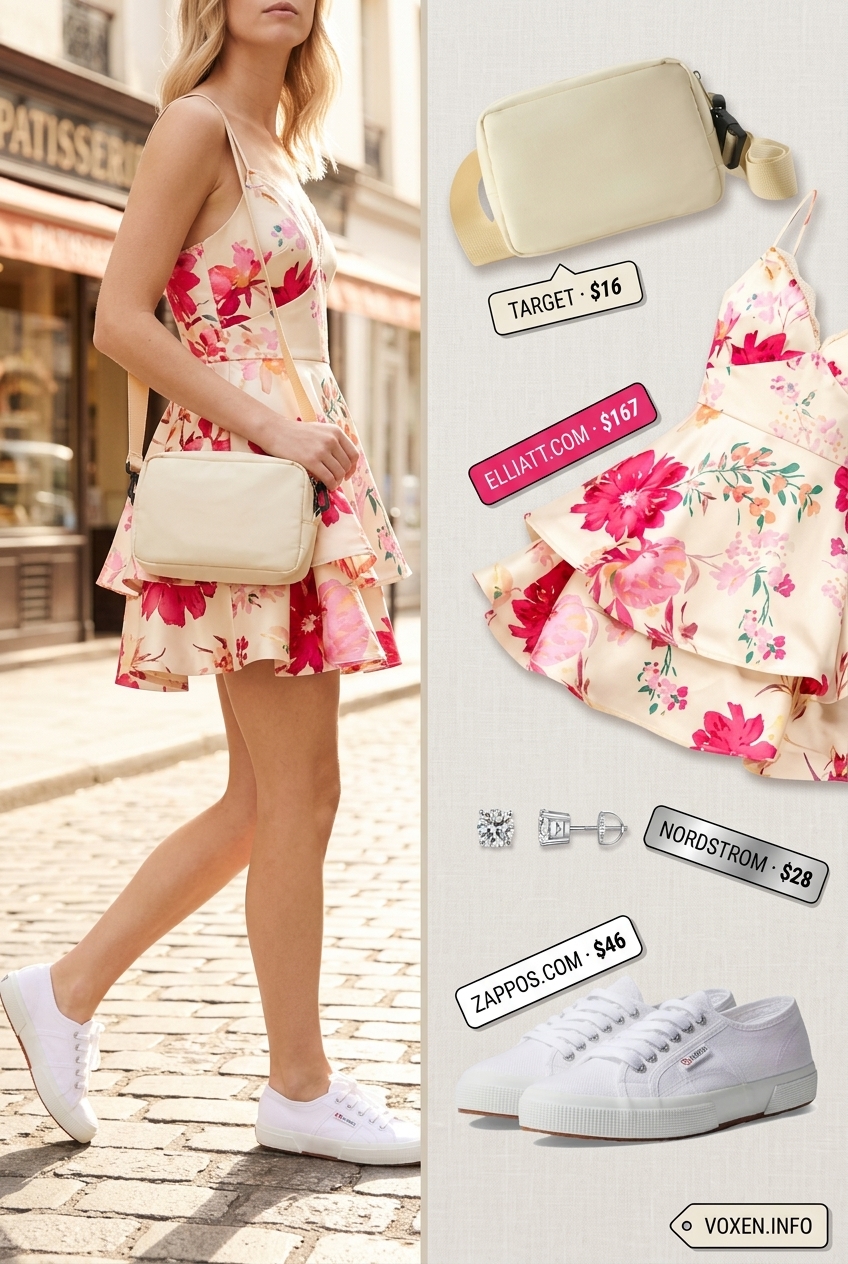 Playful floral mini sundress with white sneakers, perfect summer clothes for women 2026 for casual daytime.