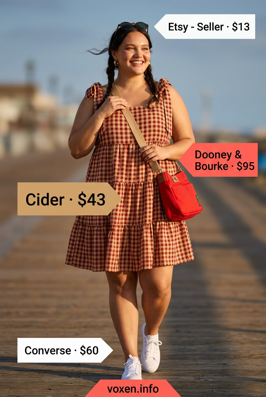 Yellow gingham mini sundress with puff sleeves, white sneakers, and red bag, fun summer clothes for women 2026.