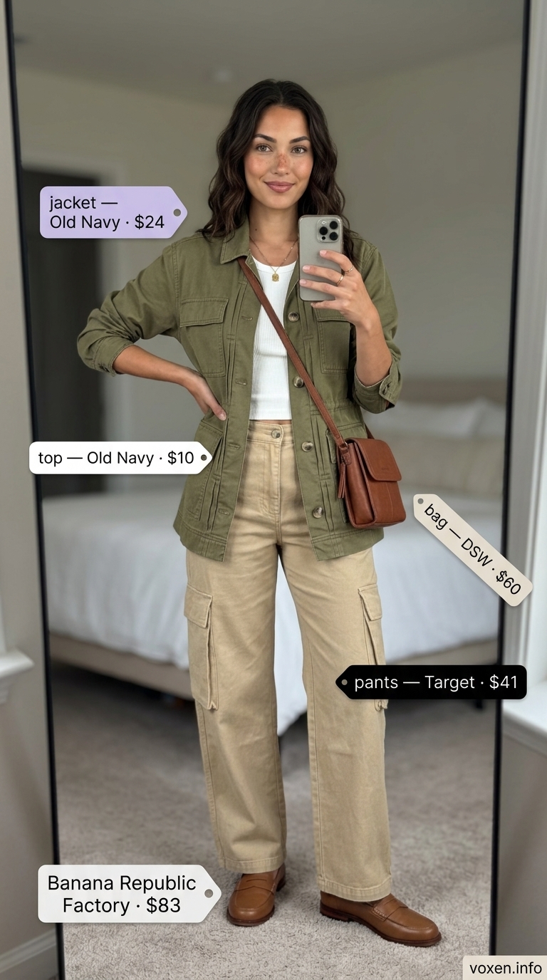 Adventurous khaki cargo trousers outfit for women 2026, perfect for travel and casual day outs.