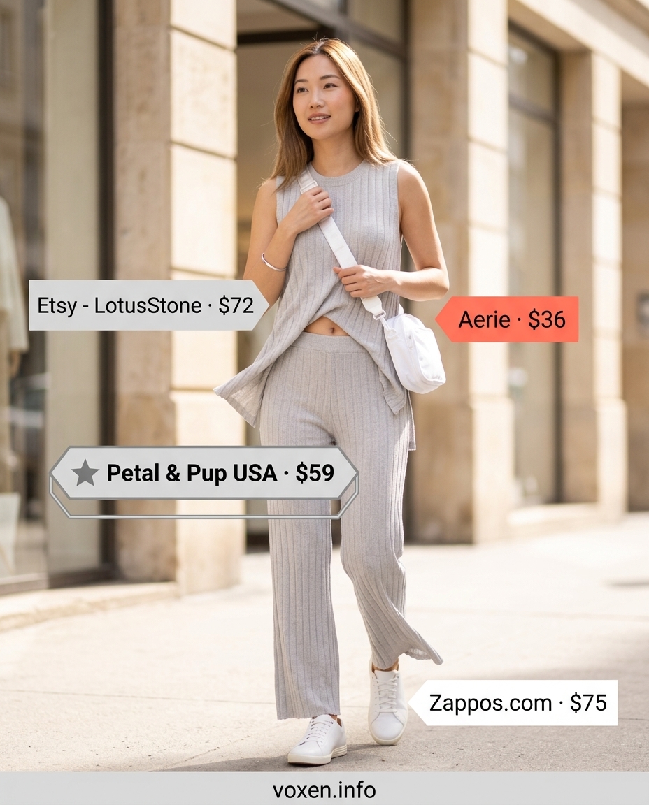 Light grey knit set with white sneakers and crossbody, comfortable summer clothes for women 2026 for travel.