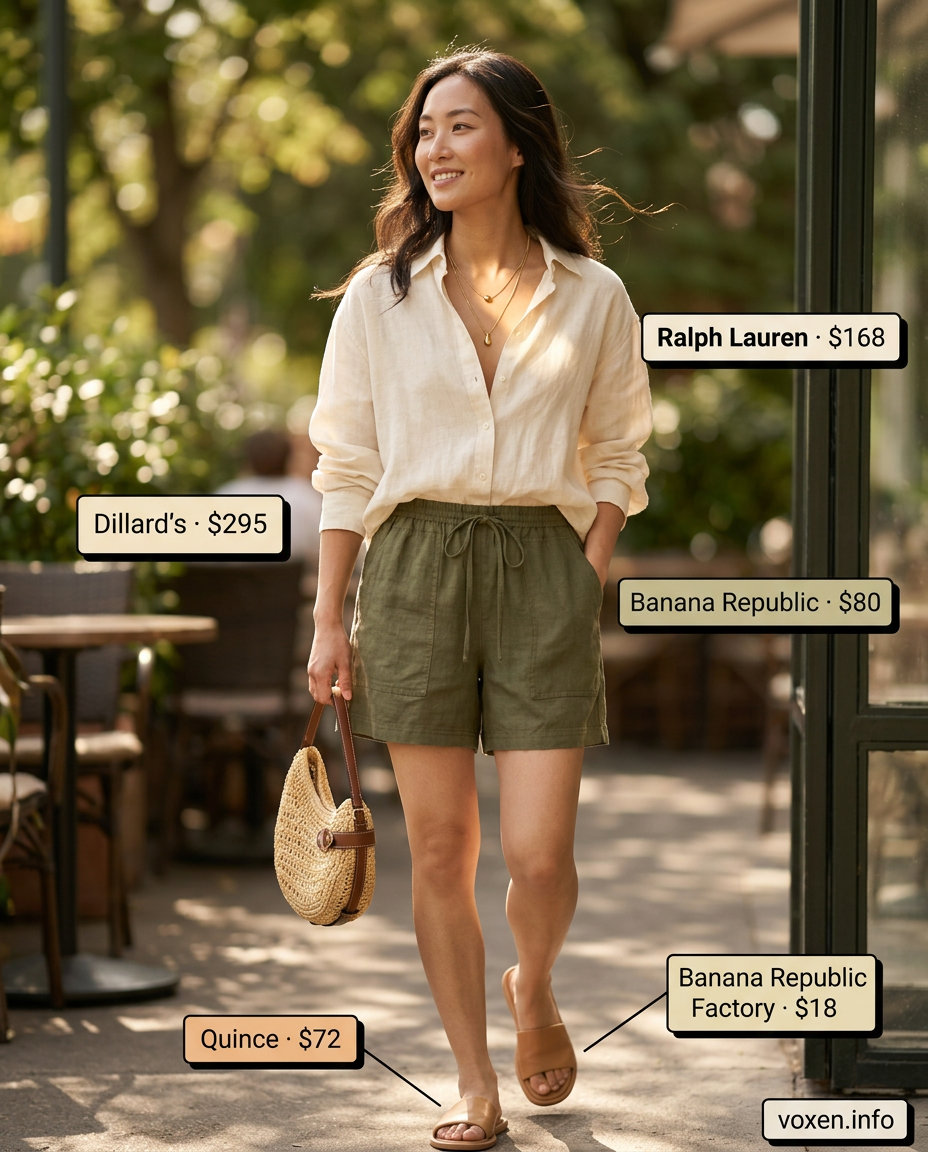 Olive green linen shorts with cream shirt and tan sandals, polished summer clothes for women 2026 for brunch.
