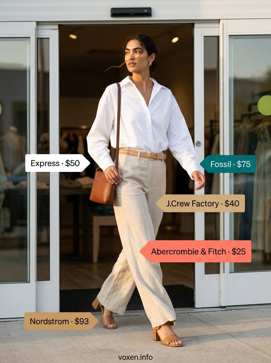 Beige linen trousers with white shirt and tan sandals, relaxed summer clothes for women 2026 for day out.