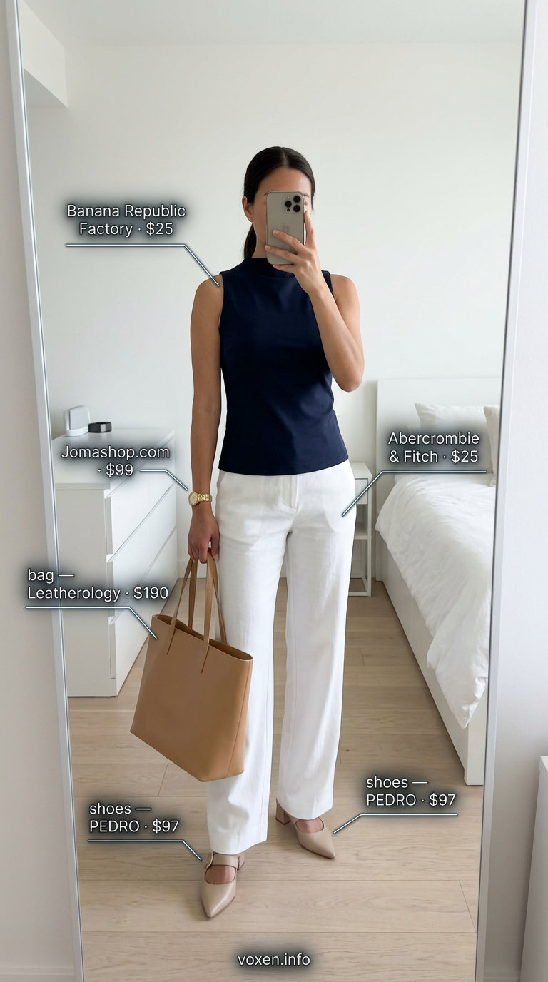 White tailored trousers with navy top and tan mules, professional summer clothes for women 2026 for office.