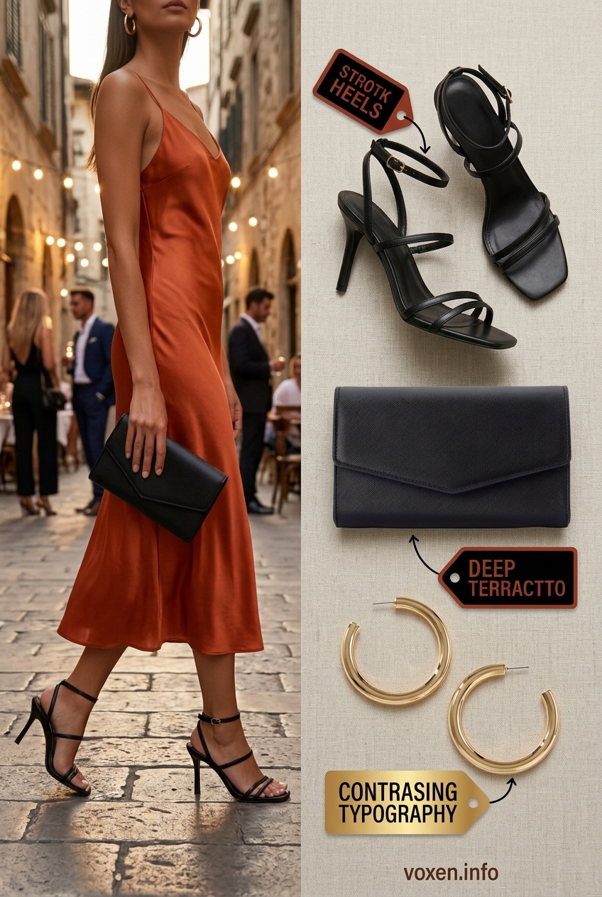 Confident terracotta satin slip dress outfit for women 2026, ideal for evening events and cocktail parties.