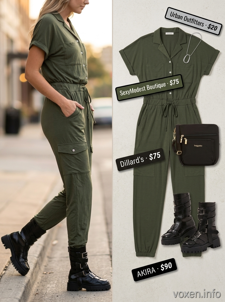 Olive green utility jumpsuit with black boots and crossbody, chic summer clothes for women 2026 for errands.