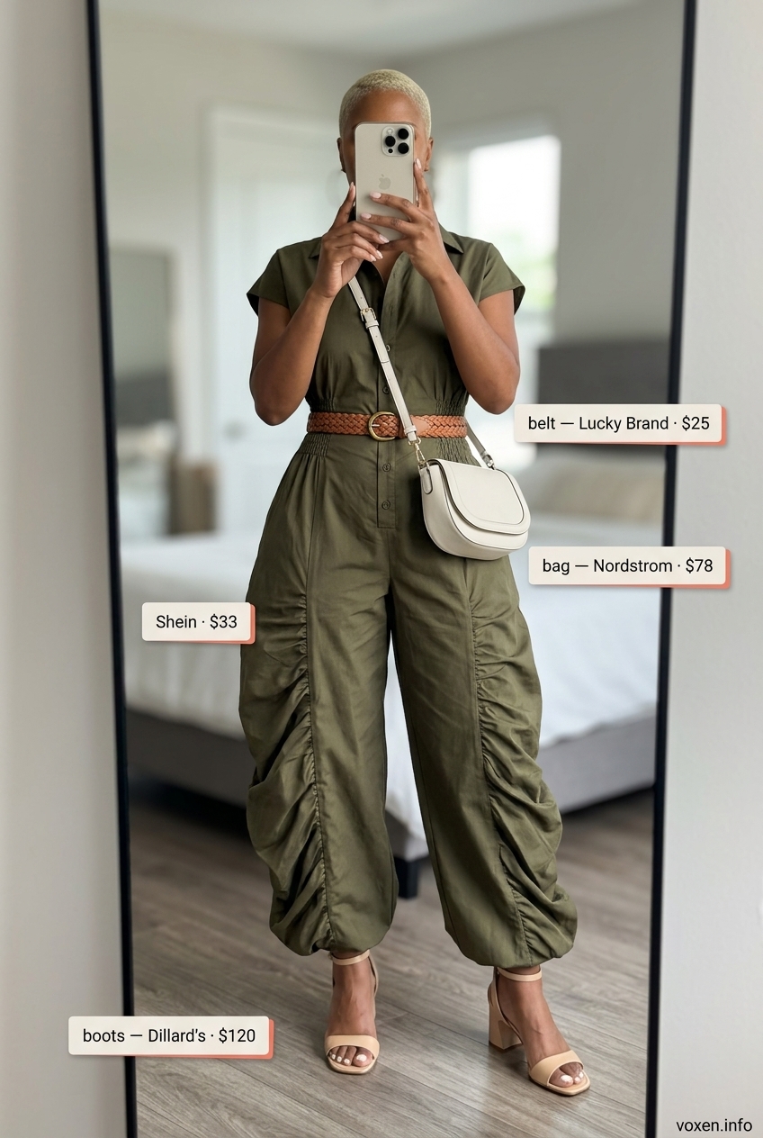 Olive green wide-leg jumpsuit with tan belt and block heels, sophisticated summer clothes for women 2026.
