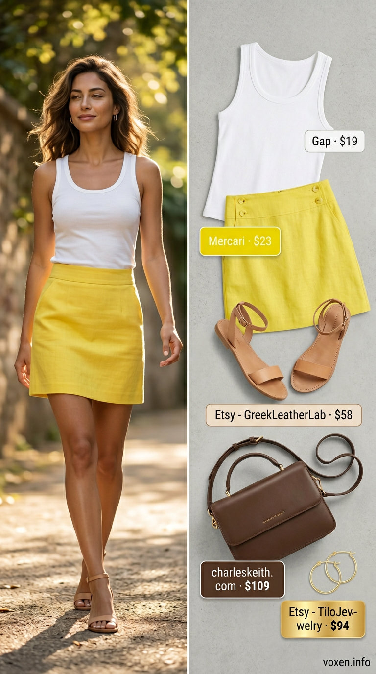 Romantic yellow linen mini skirt outfit for women 2026, ideal for garden parties and summer brunches.
