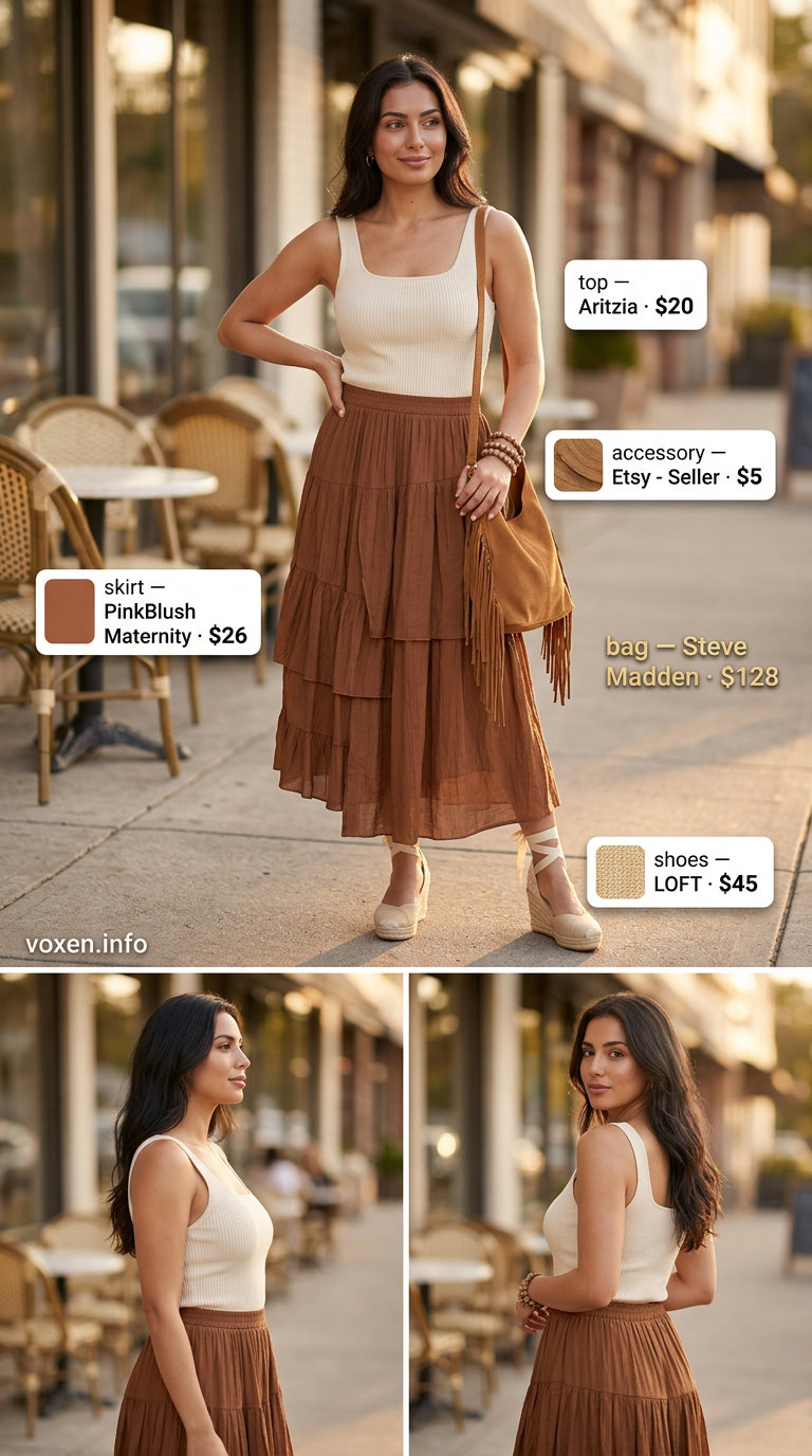 Bohemian summer coffee date outfit 2026 with tiered maxi skirt and crop top.