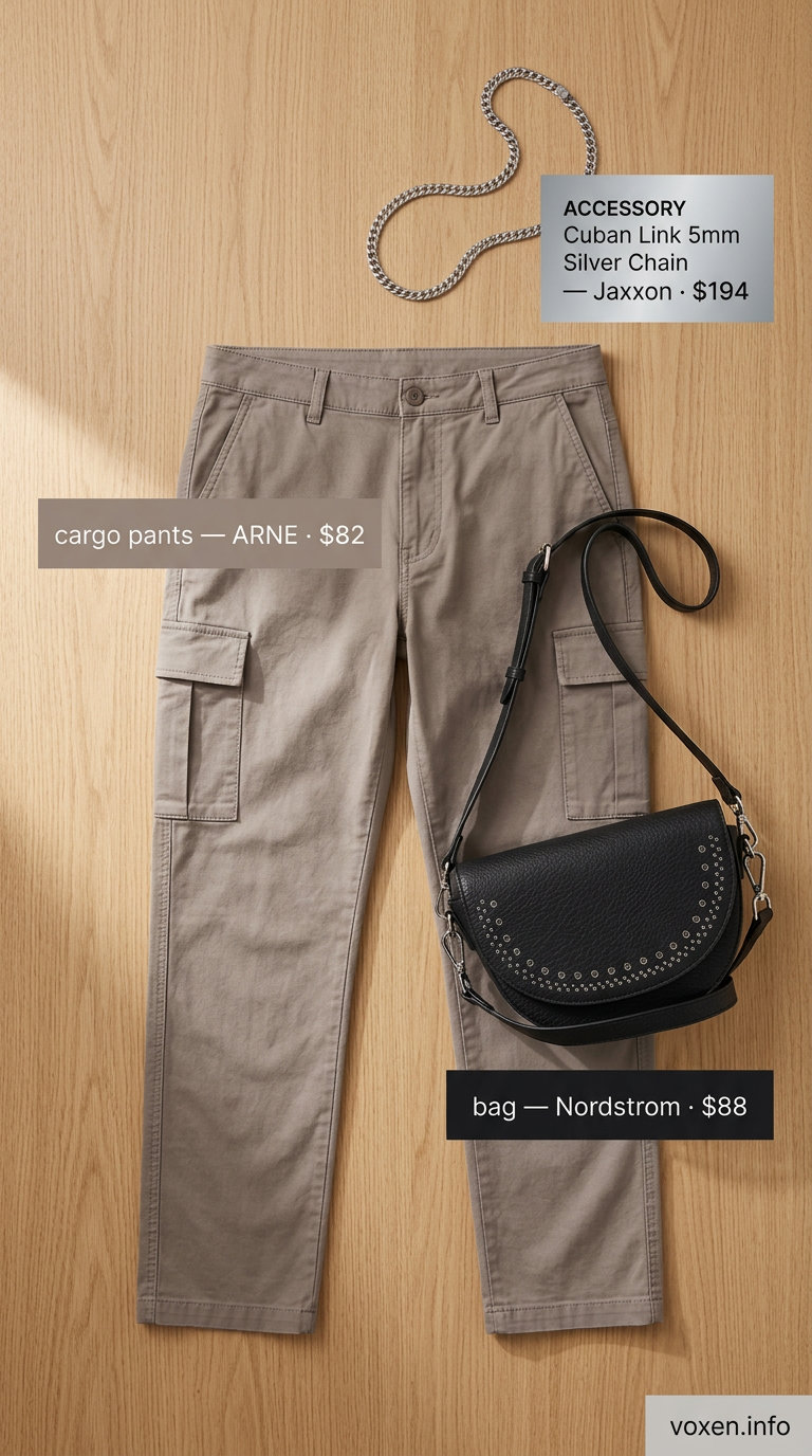 Edgy taupe cargo pants outfit for summer coffee dates 2026 with platform sneakers.