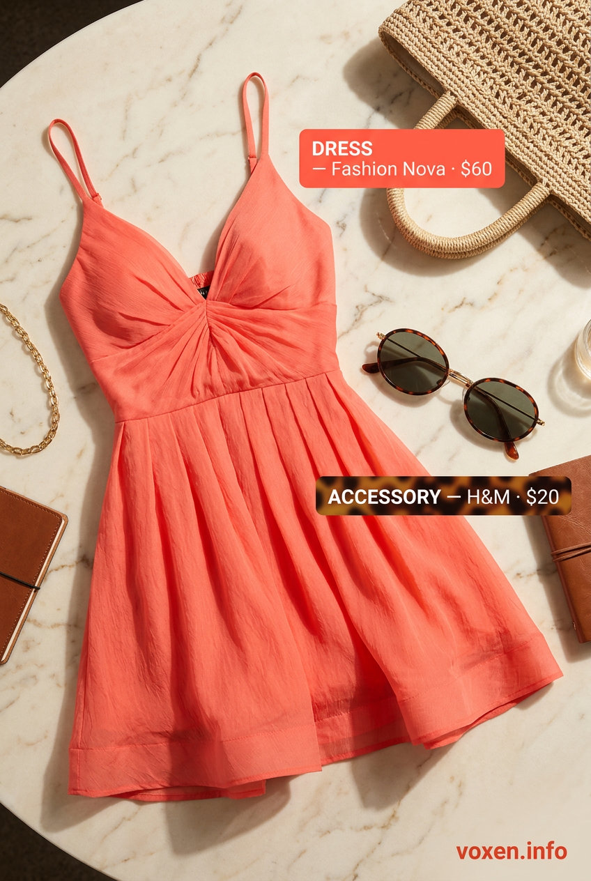 Playful coral sundress outfit for summer coffee dates 2026 with white sneakers and straw bag.