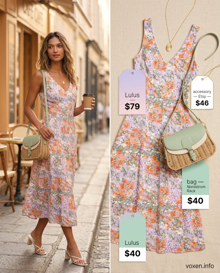 Dreamy pastel floral wrap dress outfit for summer coffee dates 2026 with ballet flats.