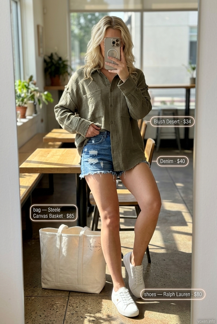 Effortless summer coffee date outfit 2026 with denim shorts, olive green oversized shirt, and canvas sneakers.