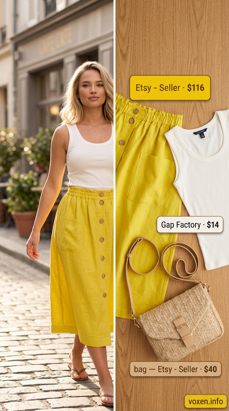 Yellow linen midi skirt outfit for summer coffee dates 2026. Cheerful, effortless look with ivory tank and espadrilles.