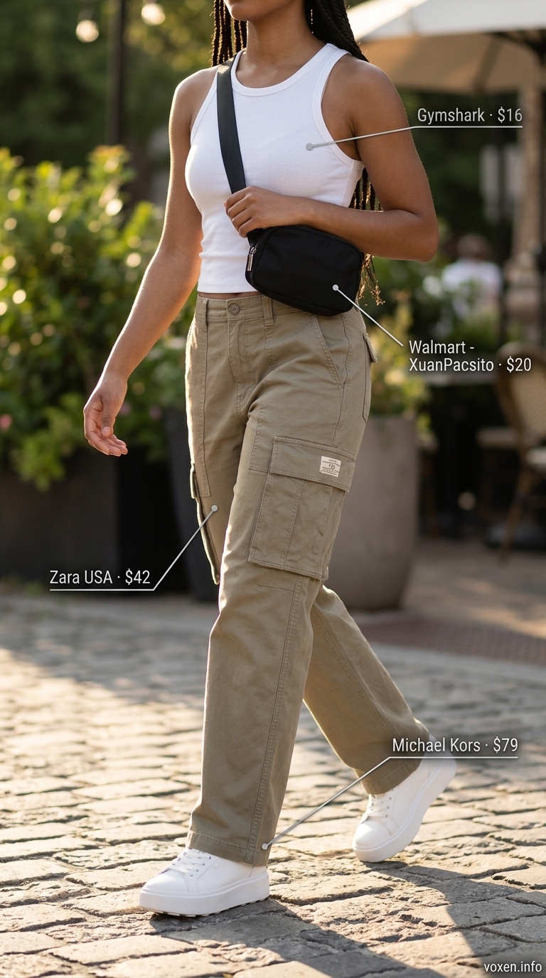 Summer Coffee Date Outfits for Women 2026: Khaki cargo pants, white tank top, platform sneakers, silver necklace.