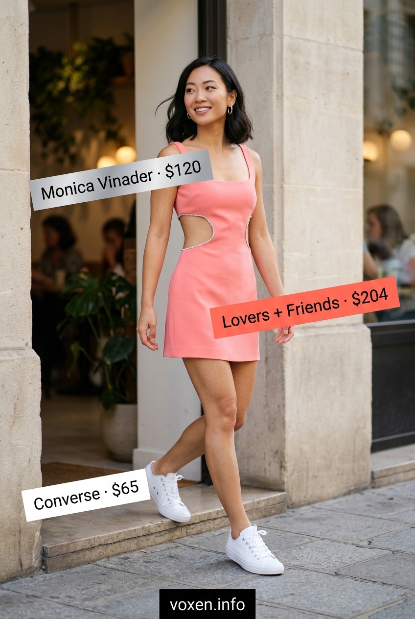 Coral pink sundress, white sneakers, and silver hoops for summer coffee date outfits for women 2026.