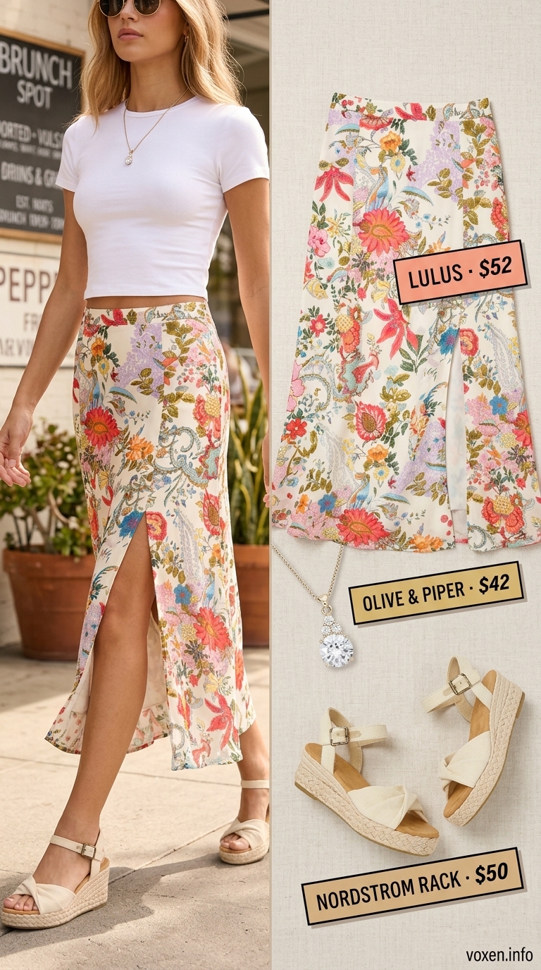Floral midi skirt, white tank, espadrilles, and straw tote for summer coffee date outfits for women 2026.