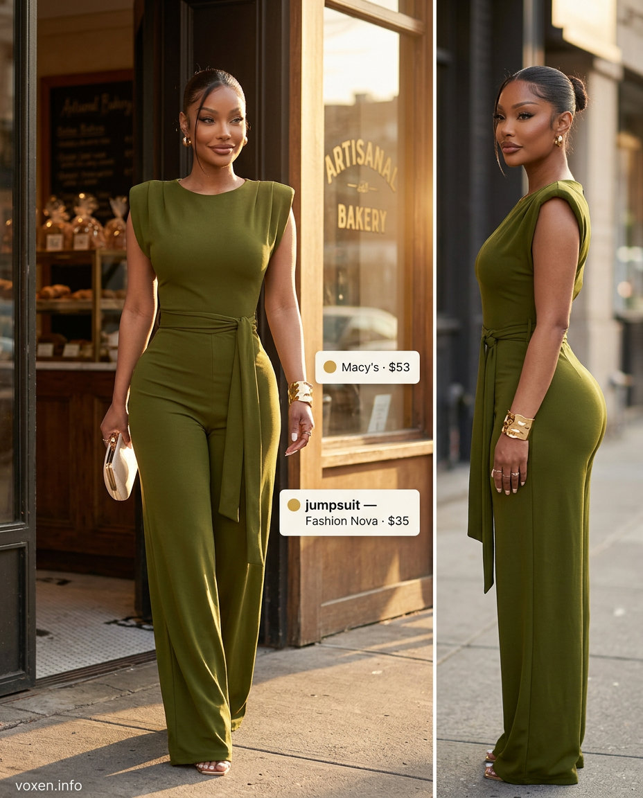 Summer Coffee Date Outfits for Women 2026: Olive green wide-leg jumpsuit, cream mules, gold bracelet for modern chic.