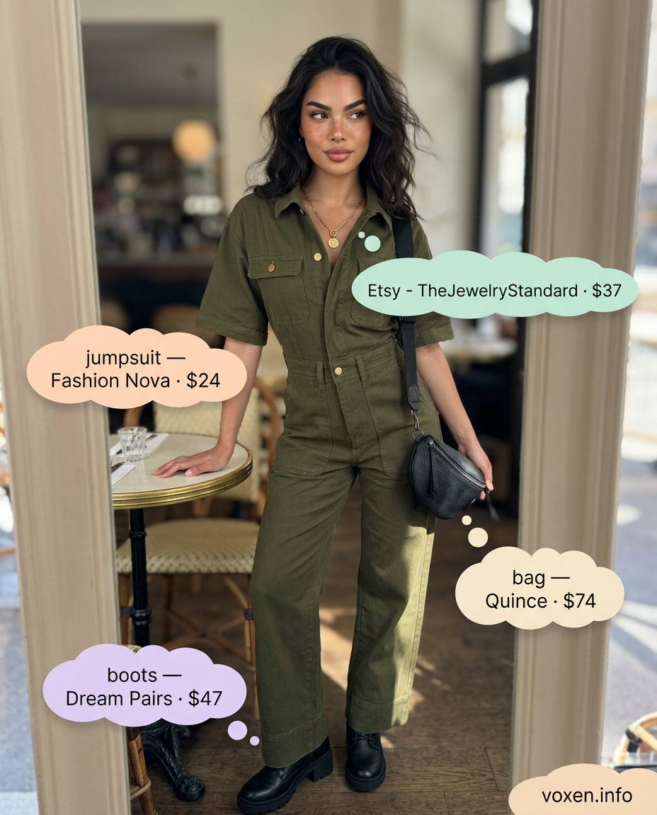Summer Coffee Date Outfits for Women 2026: Olive green utility jumpsuit, combat boots, black belt bag for edgy style.