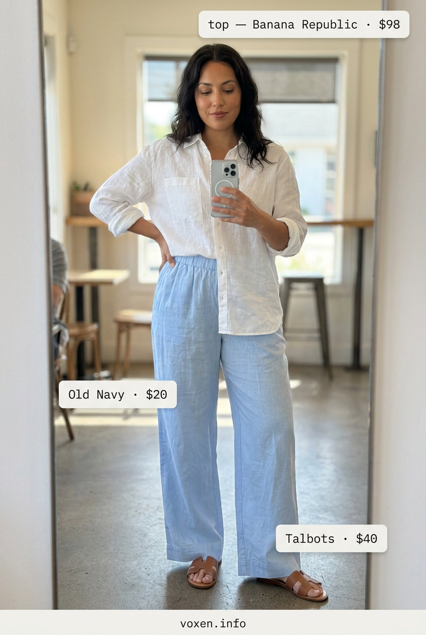 Summer Coffee Date Outfits for Women 2026: Light blue linen pants, white oversized shirt, tan slides for coastal charm.