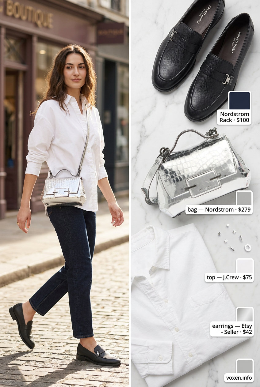 Navy wide-leg trousers, white oversized shirt, and silver crossbody for summer coffee date outfits for women 2026.