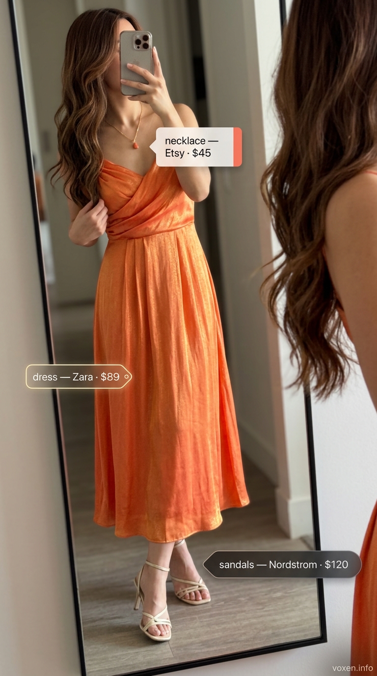 Sunset orange maxi dress, gold heels, and cream bag for summer coffee date outfits for women 2026.