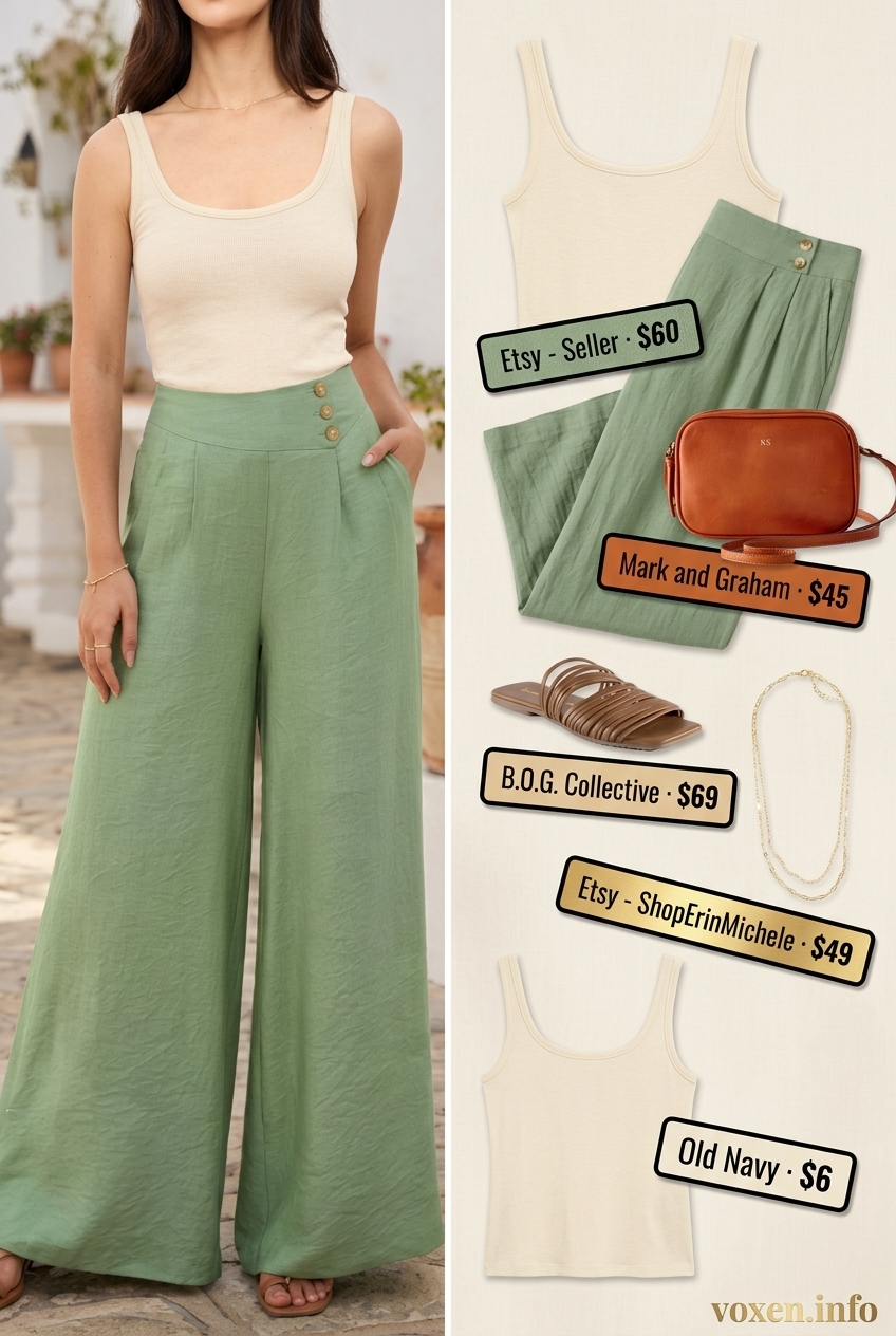 Sage green linen pants, cream tank, and tan accessories for summer coffee date outfits for women 2026.