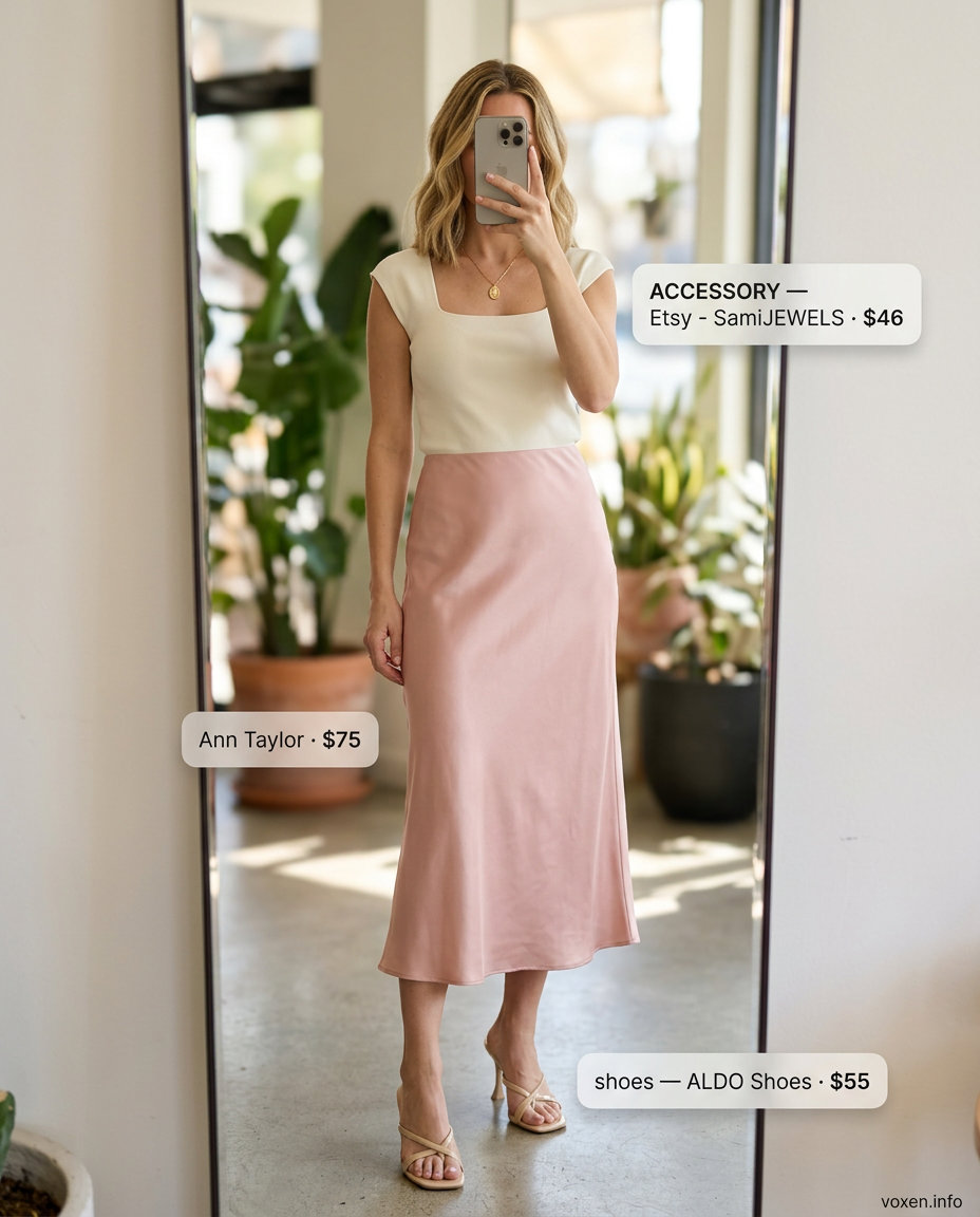 Summer Coffee Date Outfits for Women 2026: Blush pink satin midi skirt, cream corset top, mules for modern romance.