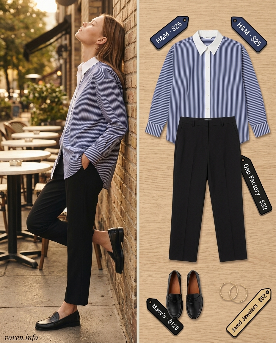 Summer Coffee Date Outfits for Women 2026: Navy & white striped oversized shirt, black trousers & loafers for a classic look.