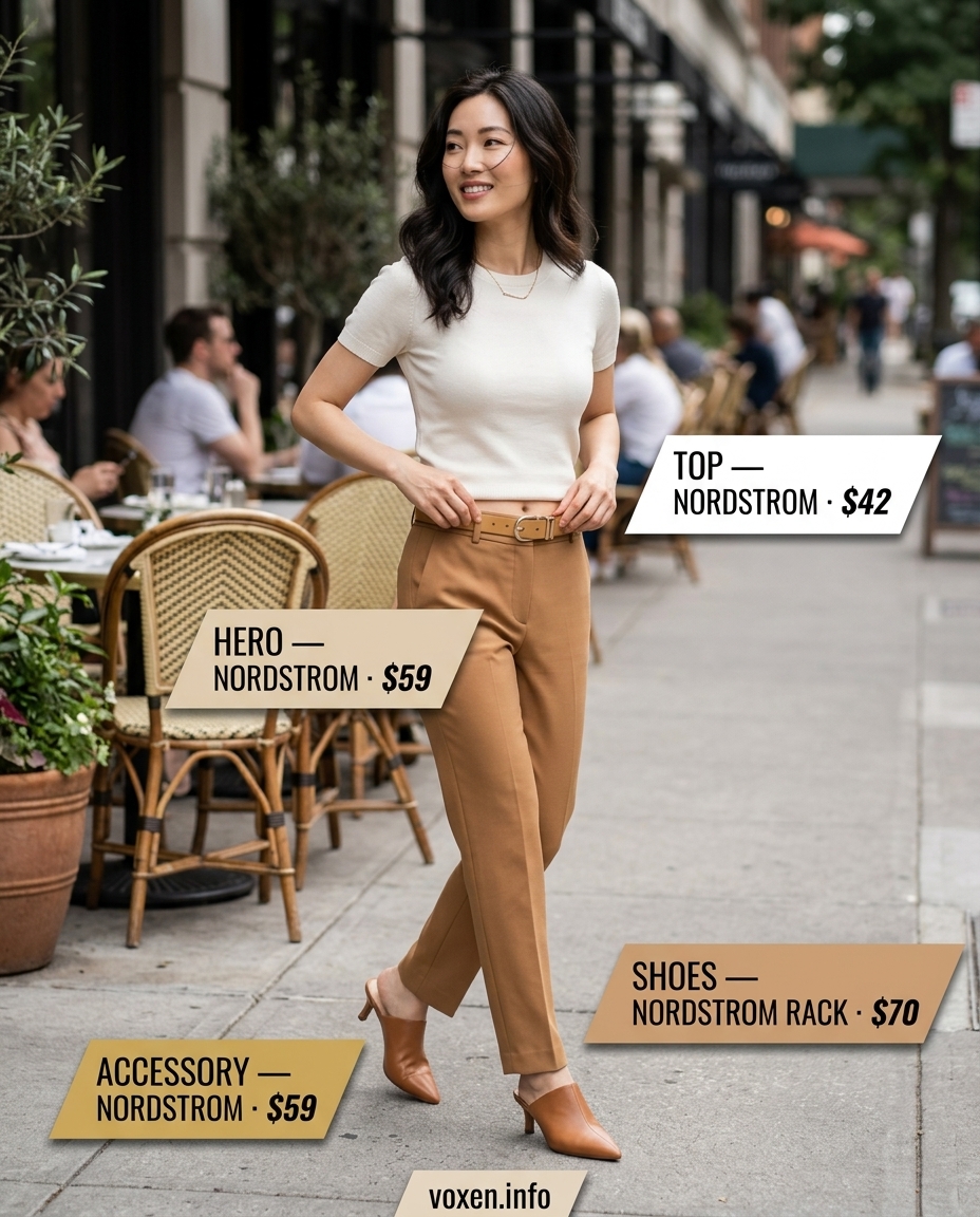Summer Coffee Date Outfits for Women 2026: Beige tailored trousers, white knit sweater, tan leather mules & tote.