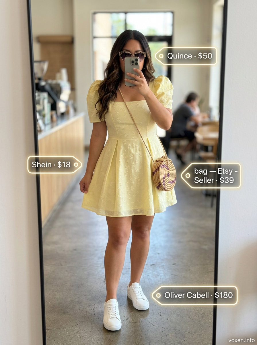 Summer Coffee Date Outfits for Women 2026: Yellow puff sleeve mini dress, white sneakers, straw bag for a sunny look.