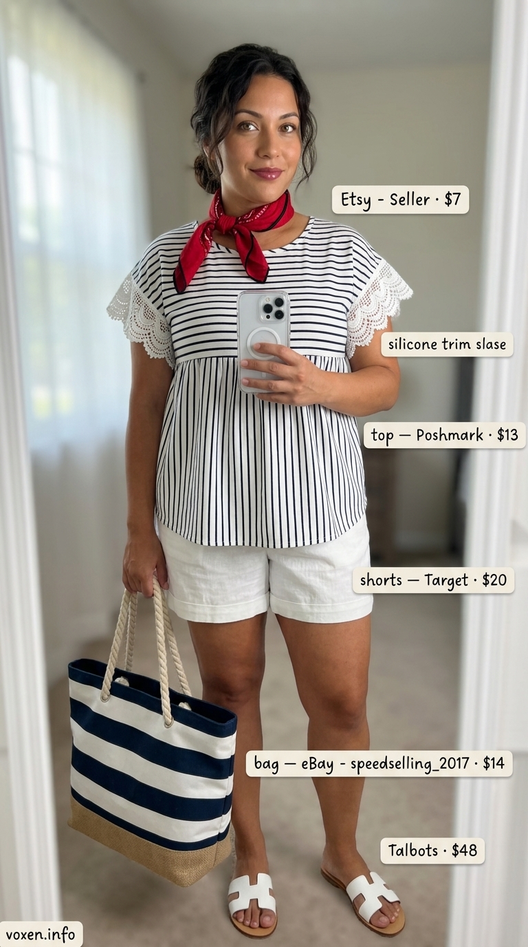 Navy and white striped crochet tunic as a beach cover-up for summer crochet outfits for women 2026.