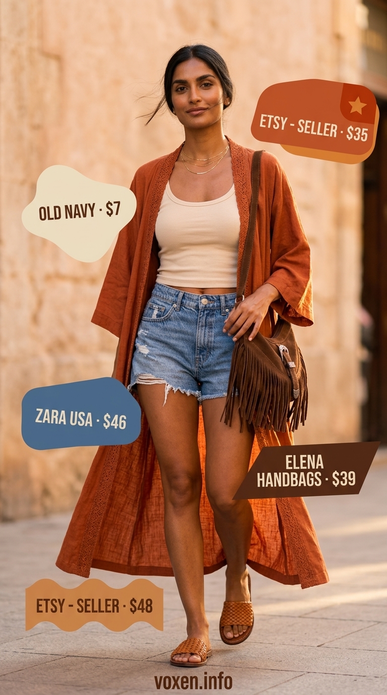 Rust orange crochet kimono over cream tank and denim shorts for summer crochet outfits for women 2026.