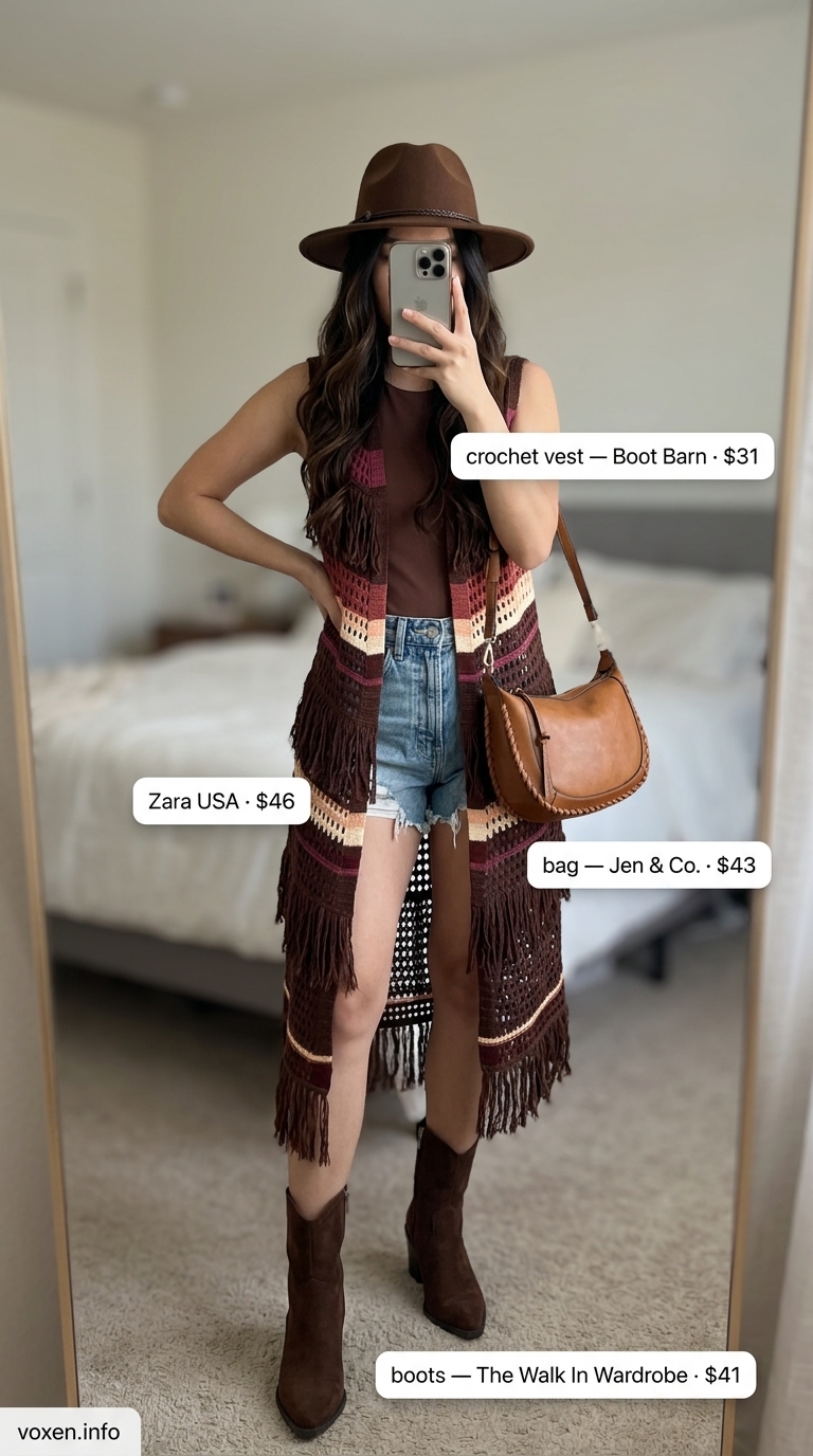 Fringed crochet vest over denim shorts for edgy summer crochet outfits for women 2026.