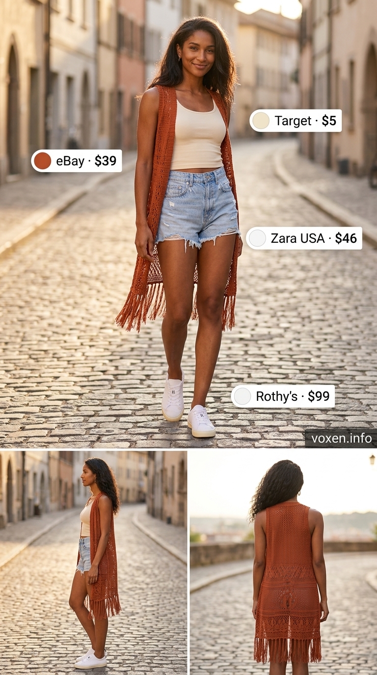 Terracotta crochet vest over tank and denim shorts for free-spirited summer crochet outfits for women 2026.