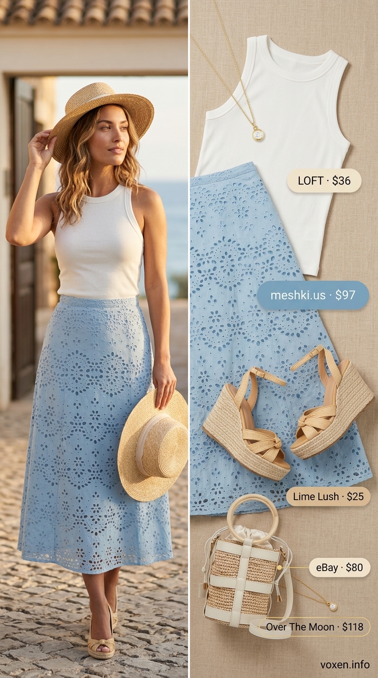 Sky blue crochet midi skirt with fitted tank for serene summer crochet outfits for women 2026.