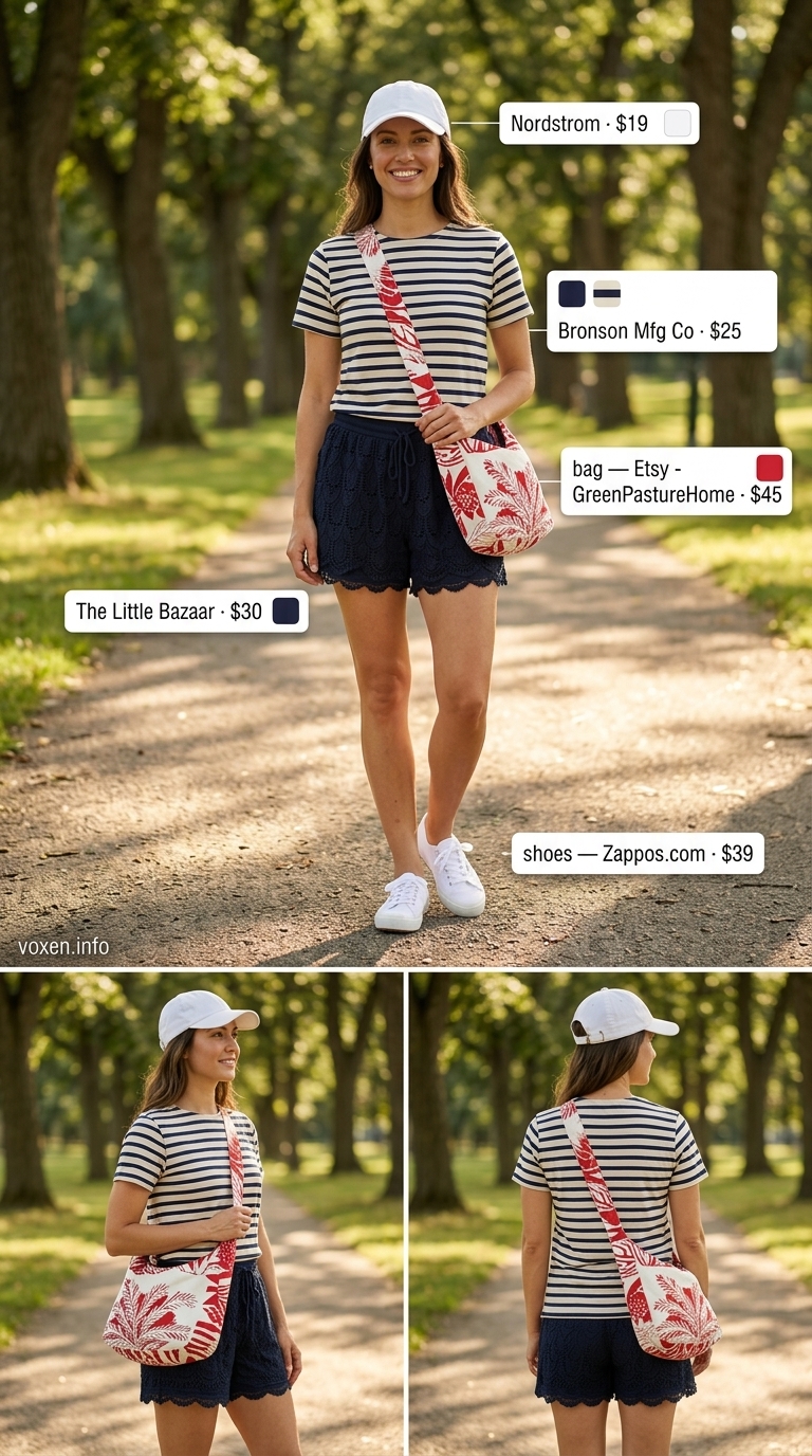 Navy crochet shorts with Breton stripe tee for sporty summer crochet outfits for women 2026.
