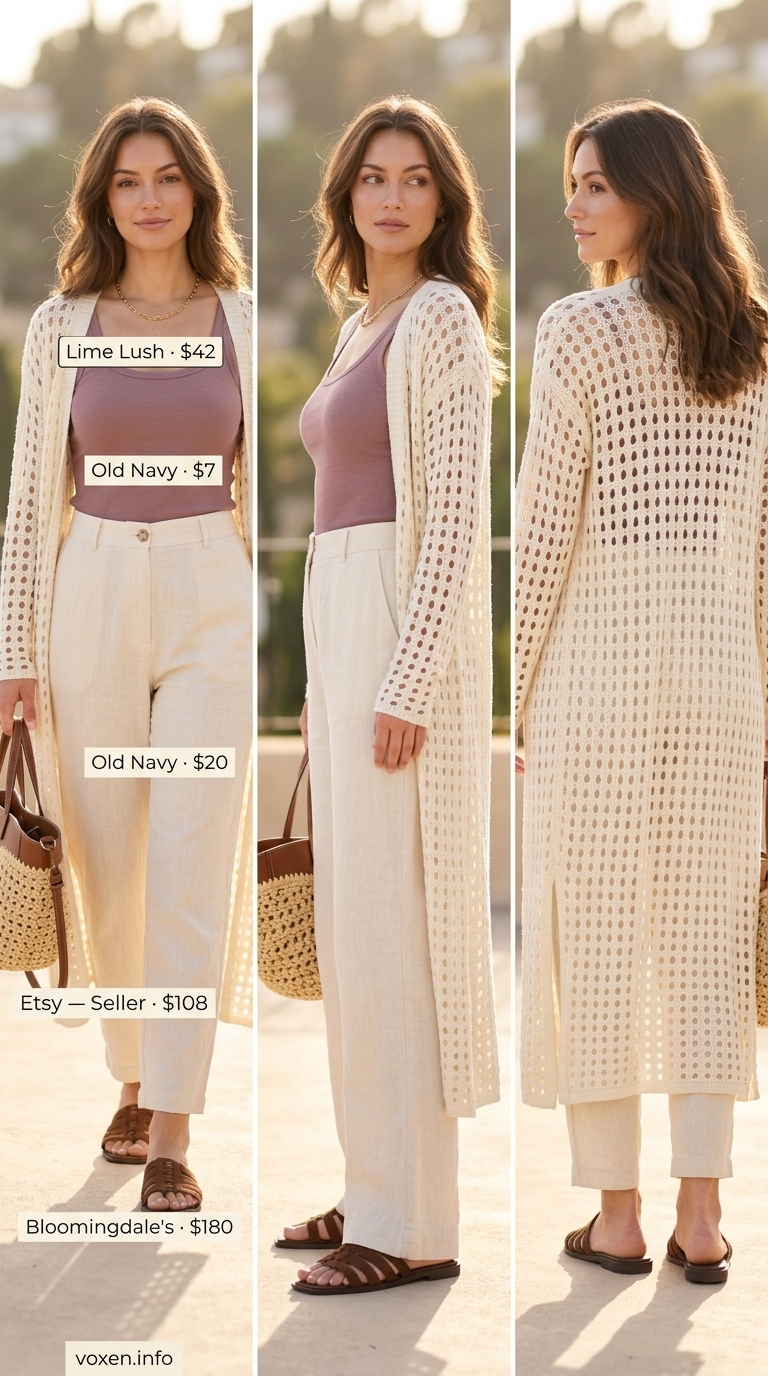 Earthy neutral crochet kimono cardigan over linen pants for relaxed summer crochet outfits for women 2026.