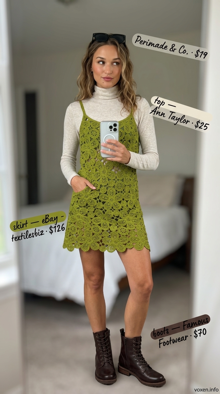 Olive green crochet mini dress with turtleneck top for retro summer crochet outfits for women 2026.