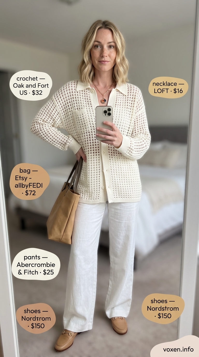 Beige crochet button-down shirt with ivory trousers for a smart casual office look. Summer crochet outfits for women 2026.