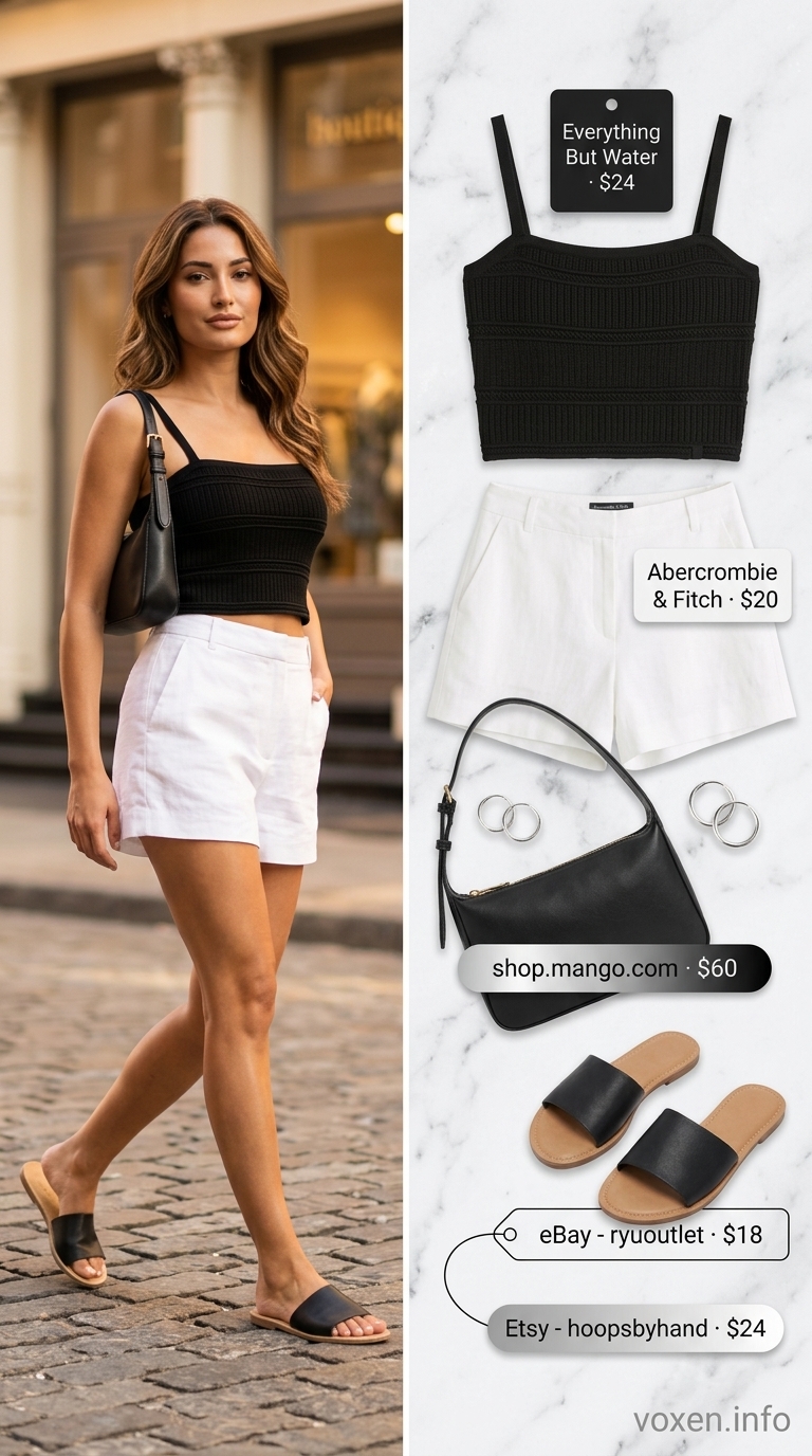 Black crochet crop top with linen shorts for summer crochet outfits for women 2026. Urban chic style.