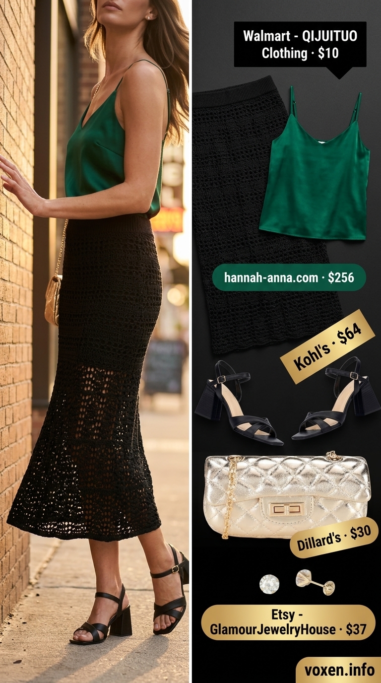 Black crochet midi skirt with an emerald green camisole for date night. Summer crochet outfits for women 2026.