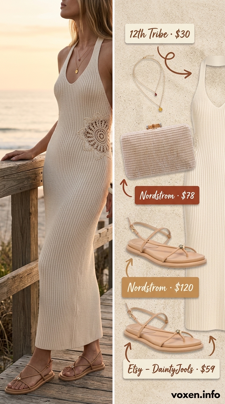 Cream crochet maxi dress for summer crochet outfits for women 2026. Bohemian resort dinner style.