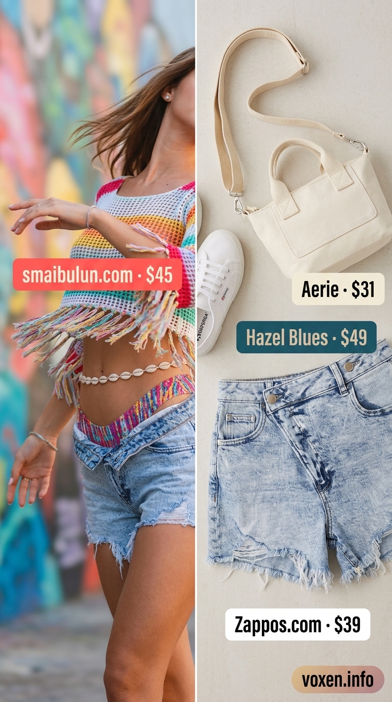 Multi-color crochet crop top with denim shorts for summer crochet outfits for women 2026. Festival style.